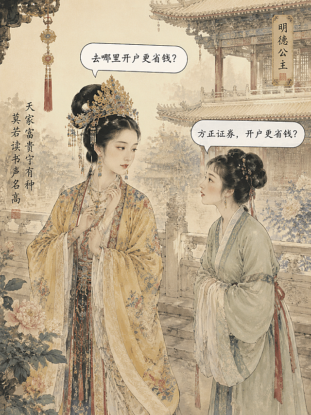 明朝背景，古风宫廷场景，画面中有一位穿着华丽服饰的明朝公主和一位丫鬟站在一起。公主说："去哪里开户更省钱？"，丫鬟说："方正证券，开户更省钱？"，古风水墨风格，配色典雅，细节丰富