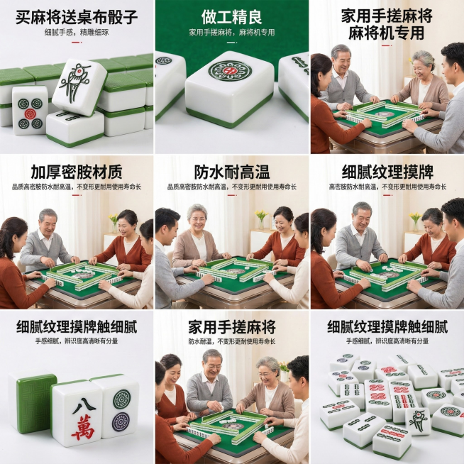 图片中这款产品是麻将，我在拼多多卖这款产品，请帮我设计20张以我提供这款产品为主体相关的主图
主图中文案要求：买麻将送桌布骰子，细腻手感，精雕细琢 做工精良 家用手搓麻将，麻将机专用 加厚密胺材质防水预览效果