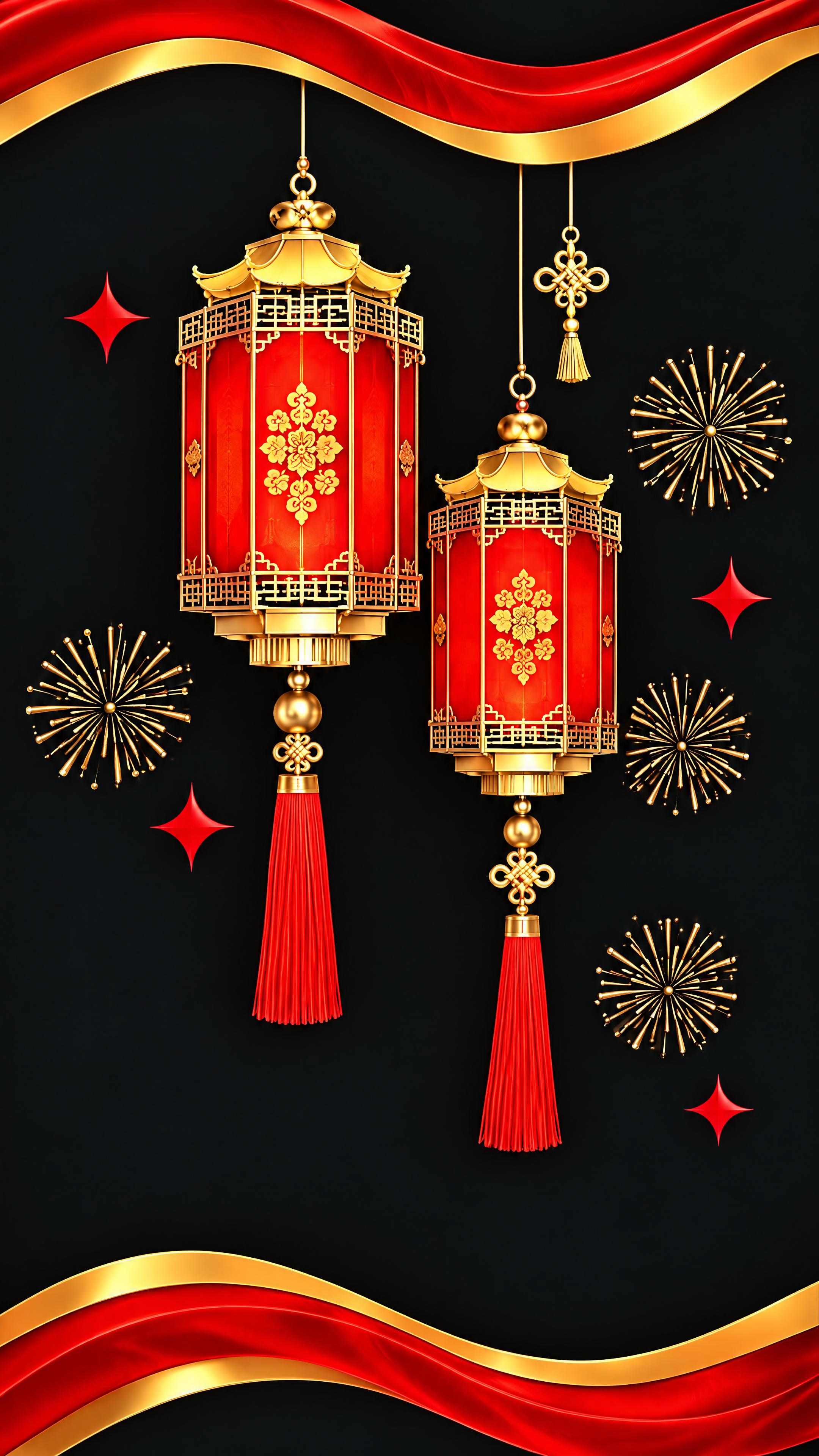 第1扇玻璃贴：黑色背景，顶部和底部红金波浪飘带，画面中有两个红… - 图片创意预览