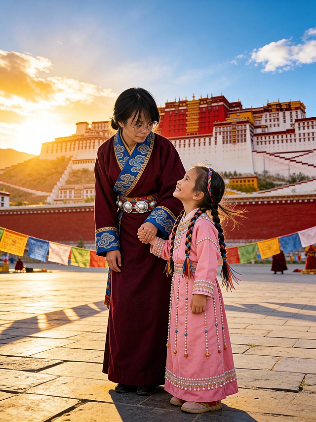 民族感与古典感交融，实景中光影洒落，母女身着刺绣风藏服，面料质感细腻，温馨神圣的东亚风情在布达拉宫前流淌。