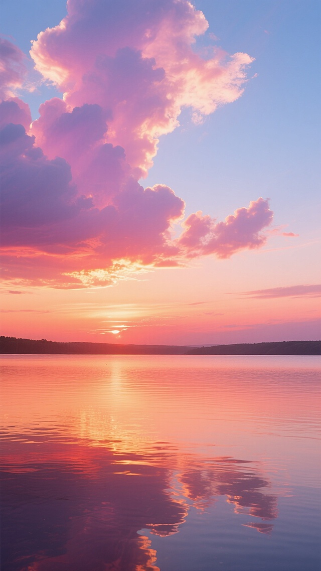 梦幻唯美的晚霞天空，由下至上呈现出温暖的橙红色、柔和的粉紫色到清澈的淡蓝色渐变，形态舒展的云朵被染成粉紫与橙红交织的绚烂色彩，阳光透过云层洒下金色的光芒，照亮天际线，下方是平静的湖面，倒映着天空的瑰丽色彩，水面泛着细腻的粼粼波光，整体画面光影柔和，色彩饱和度适中，营造出宁静而浪漫的氛围。