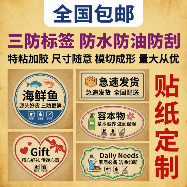 [主图主题] 三防不干胶标签定制主图
[氛围/风格] 电商商业风格，复古质感，清晰明亮
[画面元素] 沿用参考图顶部大标题，下方多宫格展示不干胶实例的版式，主标题放在顶部，下方展示多个不同形状不同设计预览效果