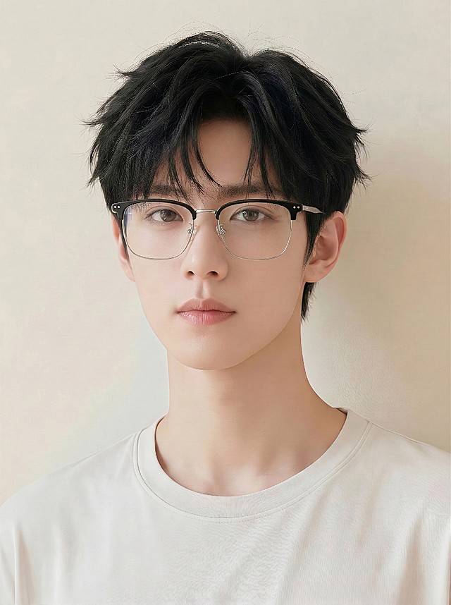 给图1中的少年佩戴上参考图2的黑银拼接眉框眼镜，眼镜贴合面部比例，自然适配，其余人物特征保持不变