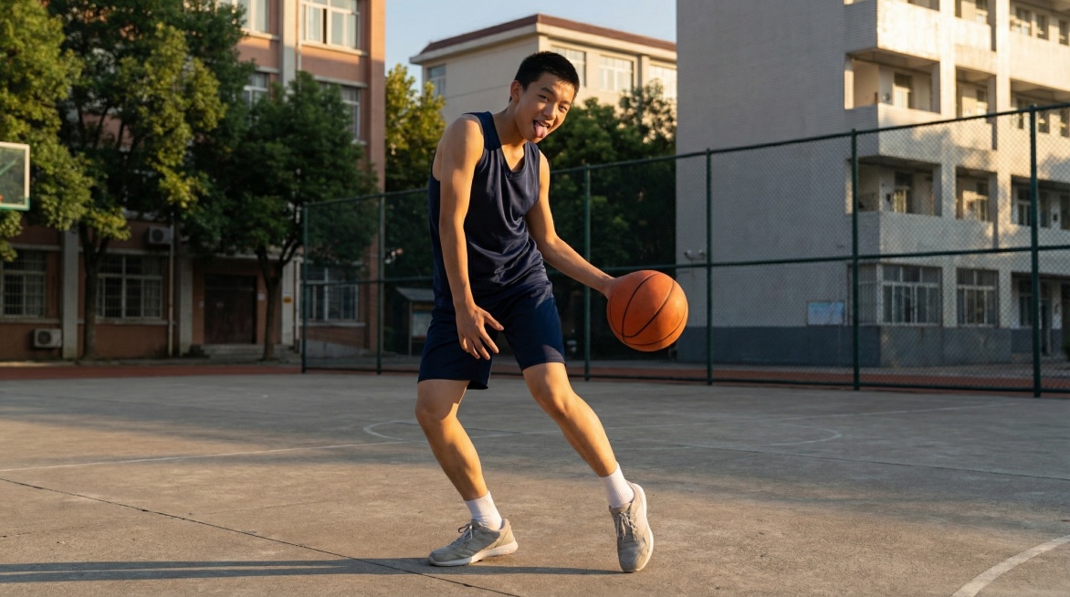 将线稿完善为摄影写实风格，人物为中国高中生，男生吐舌头，人物保持原有的动作姿态和角度不变，晴朗的初夏下午5点，阳光从照亮了男生右半边身体，形成一半受光一半阴影的侧光效果，整体画面具有写真摄影的质感预览效果