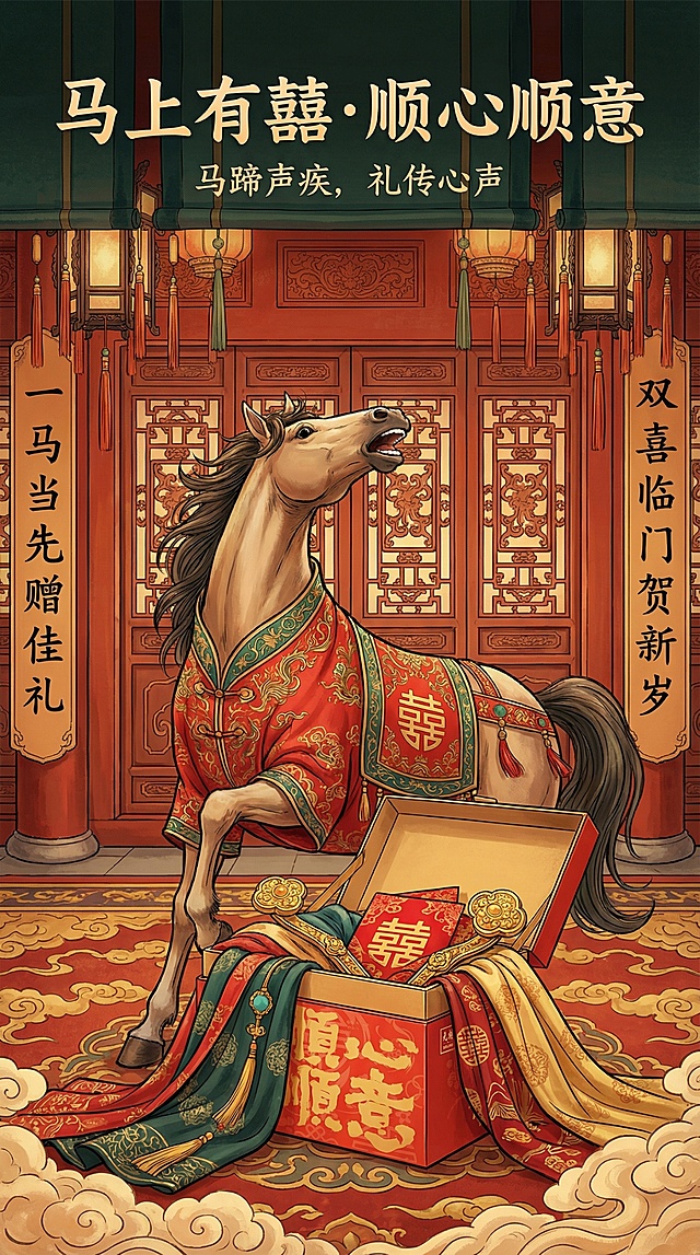 工笔细腻，拟人骏马身披红袍，喜庆国潮风融合刺绣纹样，鎏金点缀，中式古典庭院背景，礼盒盛满祝福，寓意双喜临门，贺岁迎祥。