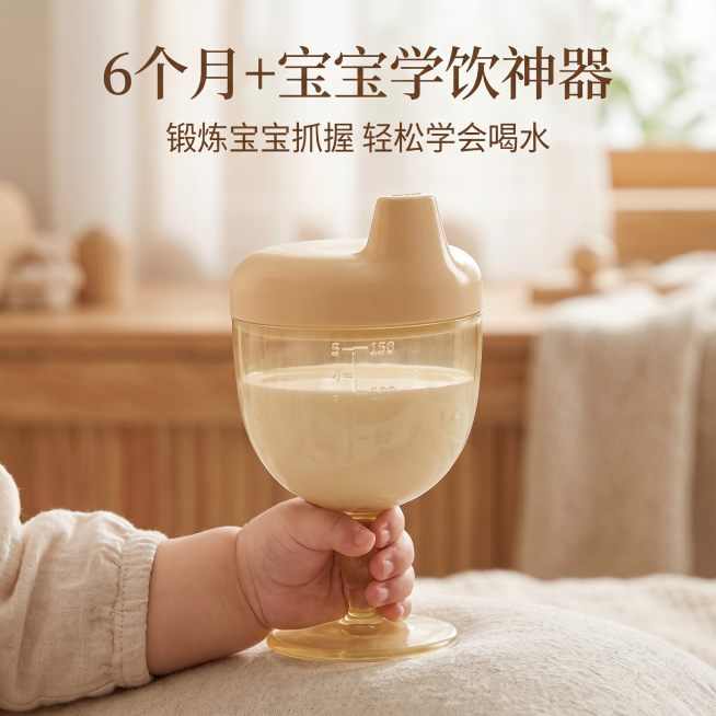 严格还原产品外观和颜色，保持产品设计不变。主标题"6个月+宝宝学饮神器"，副标题"锻炼宝宝抓握 轻松学会喝水"。展示宝宝小手握持学饮杯的使用场景，场景温馨自然，背景柔和不抢产品风头，构图突出产品，杂志预览效果