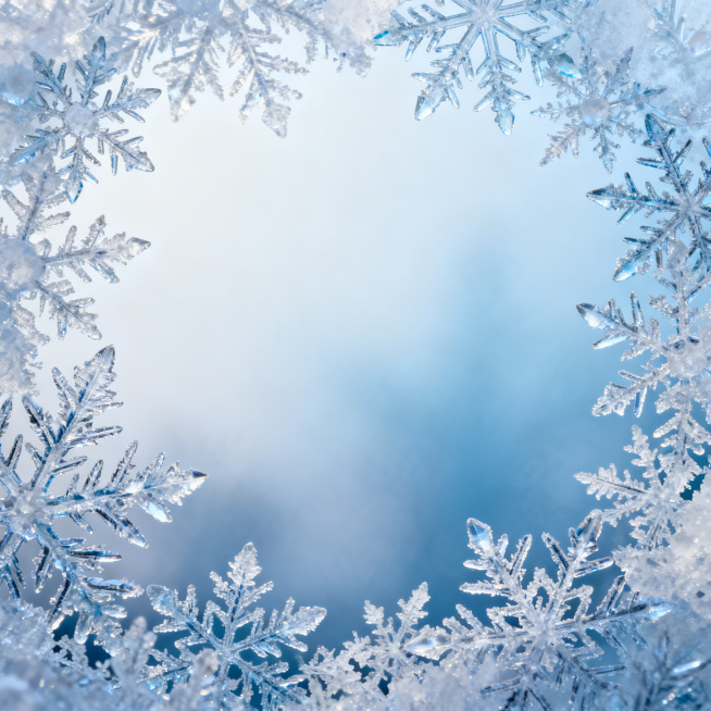 一张以冰霜为主题的背景图，画面整体呈现出晶莹剔透的冰雪质感，浅蓝色和白色为主色调，色彩和谐统一。边缘是由许多形态各异、精致细腻的冰晶和雪花图案构成的边框，这些冰晶和雪花有着清晰的六角形结构和复杂的分支预览效果