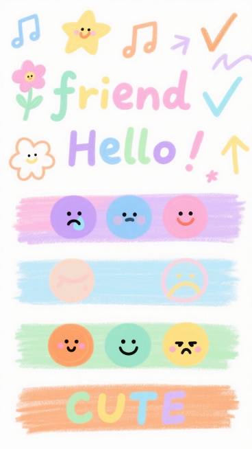 白色背景的手绘风格插画，整体采用柔和的马卡龙色系，包含多种可爱的装饰元素：彩色线条绘制的星星、花朵、音符、对勾、箭头，水平排列的彩色色块（改为粉色、紫色、浅蓝色、浅绿色、橙色），六个表情各异的圆形脸蛋图案（改为紫色哭脸、蓝色淡定脸、粉色笑脸、橙色害羞脸、浅绿色开心脸、黄色困倦脸），以及用彩色手写体书写的“friend”、“Hello”和“CUTE”字样，所有元素以随机但和谐的方式分布在画面中，……预览效果