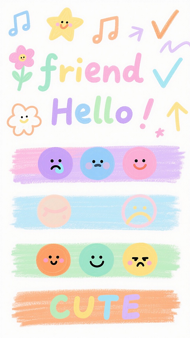 白色背景的手绘风格插画，整体采用柔和的马卡龙色系，包含多种可爱的装饰元素：彩色线条绘制的星星、花朵、音符、对勾、箭头，水平排列的彩色色块（改为粉色、紫色、浅蓝色、浅绿色、橙色），六个表情各异的圆形脸蛋图案（改为紫色哭脸、蓝色淡定脸、粉色笑脸、橙色害羞脸、浅绿色开心脸、黄色困倦脸），以及用彩色手写体书写的“friend”、“Hello”和“CUTE”字样，所有元素以随机但和谐的方式分布在画面中，呈现出轻松活泼、童趣盎然的氛围，线条边缘略带模糊的蜡笔质感，色彩过渡自然柔和。