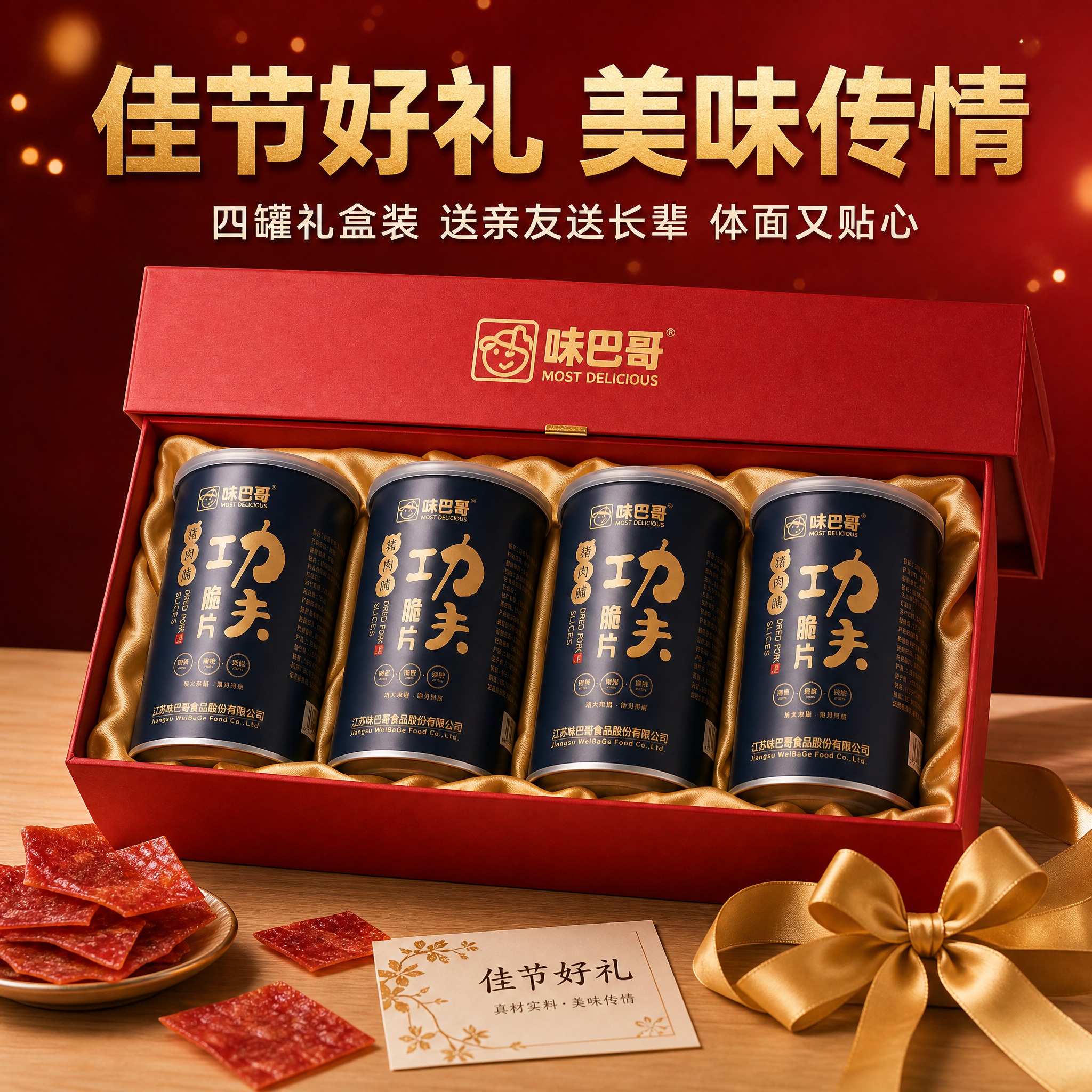 [主图-5] 味巴哥功夫脆片猪肉脯 4瓶装 送礼礼盒感展示。[… - 图片创意预览