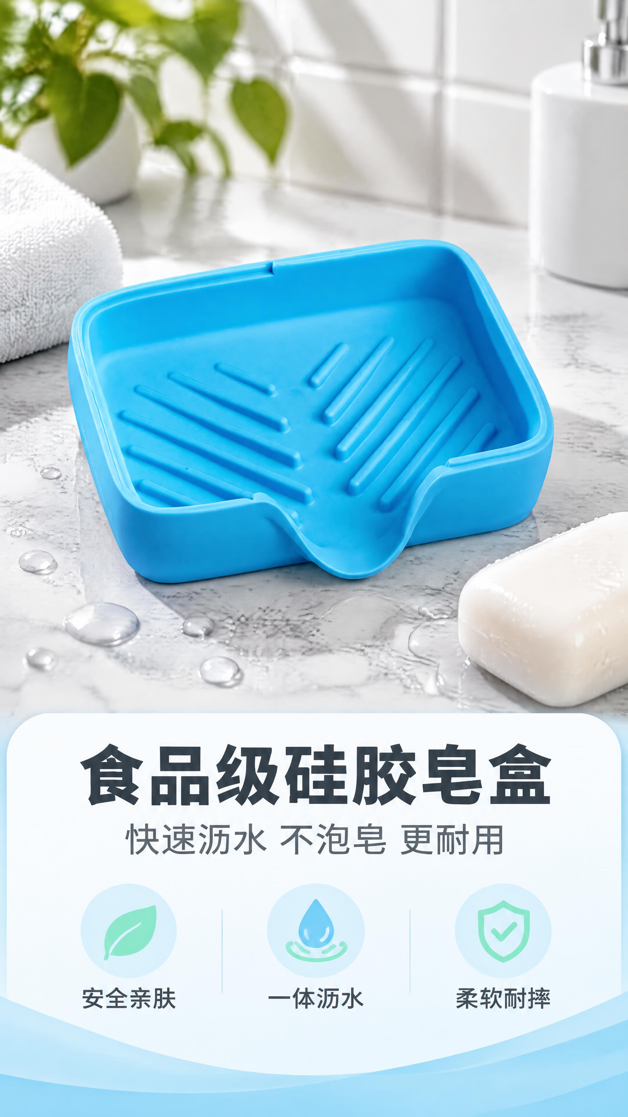 [商品] 使用【图1】蓝色硅胶香皂盒；保留方形圆角轮廓、内部斜… - 图片创意预览