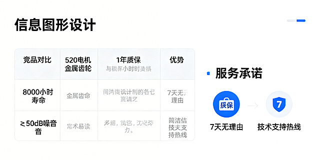 对比保障详情图，左侧为竞品对比表格，突出520电机金属齿轮、8000小时寿命、≤50dB噪音的优势，右侧为服务承诺展示，包含1年质保、7天无理由、技术支持热线图标，背景为白色，文字清晰明了