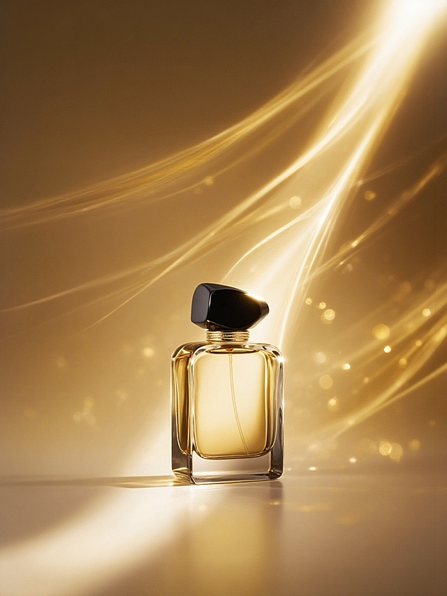 以暖金色为基调，用流动金色线条、朦胧光斑做背景，强化精致光影效果，聚焦瓶身，奢华高端质感，突出光影对瓶身光泽和立体感的塑造 。