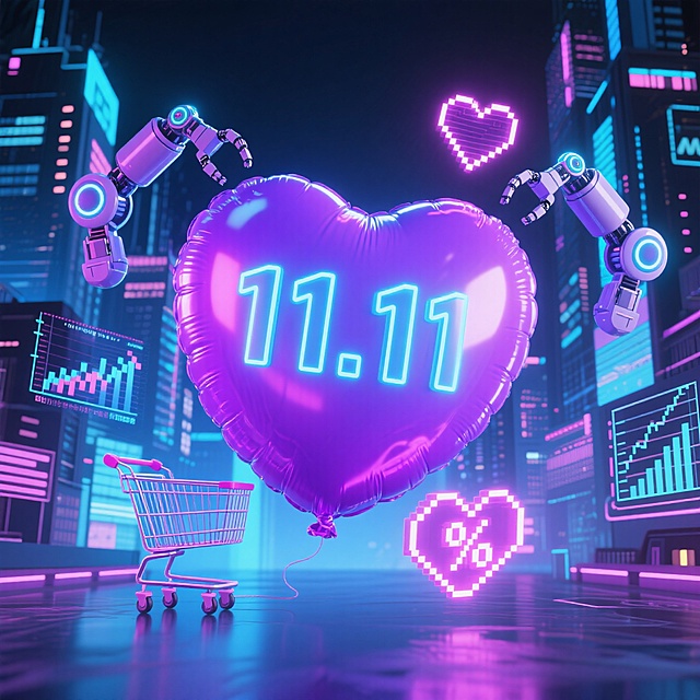 赛博朋克风都市夜景中，霓虹紫心形气球悬浮，机械臂托举，像素爱心与购物车点缀，融合未来科技与浪漫的双十一促销感，梦幻酷炫。