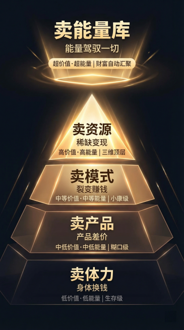 制作一页PPT版式的能量层级赚钱金字塔，采用科技感线条设计，共五层金字塔加顶层悬浮的超高能层，从下到上能量递增，能量越高光效越明亮，呈现从有形到无形、从低能到高能的递进感。
内容分层，文字简洁加粗突出预览效果