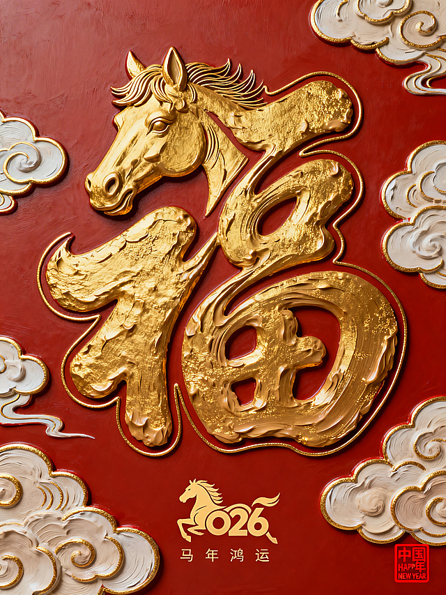 马年海报，传统祥云纹和新年元素图形设计 抽象纯金色的马头与金色“福”字巧妙融合，抽象草书，新颖夸张构图，大写意，采用细腻的曲线相互交织，构建出富有层次感的立体图案。背景是精美的祥云纹，主图案与底纹有明显区分，纯平面设计，其蜿蜒曲折的线条不仅增添了视觉上的丰富性，还蕴含着生生不息、繁荣昌盛的美好寓意。徽章占整体版面合理构图。优雅与庄重的氛围，红色纸质背景，主图案下方艺术字''2026"与奔马图案结合组成logo形式。画面下方有小字装饰性排版：“马年鸿运”、右下角红色印章“中国年”、“HAPPY NEW YEAR” ，意境留白，极具艺术特色，极简主义，大师作品。