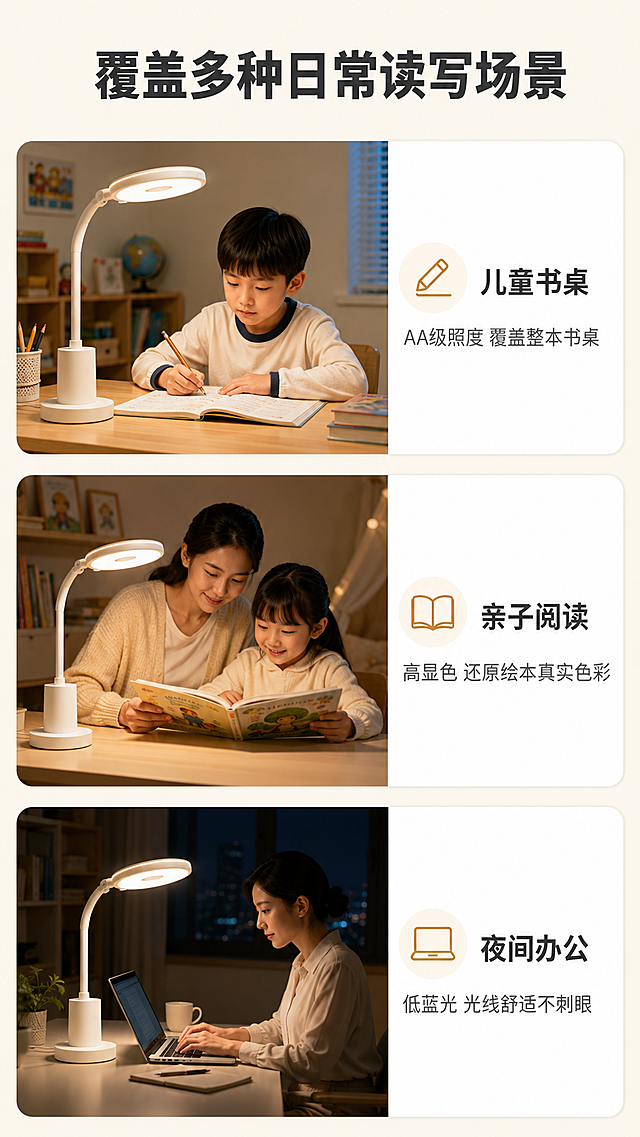 请为“全光谱护眼台灯”撰写详情页，核心卖点为“无蓝光危害、无可视频闪、高显指”。目标人群是担心孩子视力的家长。

硬性要求：

1. 禁用词：不得出现“防近视”“缓解眼疲劳”“护眼灯”（因法规禁用），改用“AA级照度”“高显色性”“低蓝光特性”
2. 必须包含数据：显色指数Ra≥97、RG0无蓝光危害等级、无可视频闪（频率＞3125Hz）、照度均匀度≤3
3. 证据呈现：用“权威检测报告+实拍对比图”替代纯文字宣传

内容结构：

1. 标题：数字+痛点（例：显色指数Ra97，为何绘本颜色失真可以终结了）
2. 场景：孩子写作业揉眼睛、书本反光刺眼
3. 原理图解文字说明：LED芯片结构如何过滤有害蓝光
4. 对比表格：普通台灯 vs 本产品（照度/频闪/显色/蓝光等级四行）