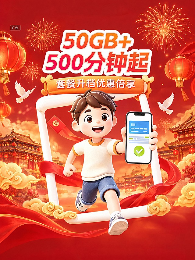 基于参考图修改，保留拿着手机的小男孩、白色画框等主视觉元素，保留主副标题文字，去掉底部立即查看按钮。将背景和装饰元素替换为浓厚节庆氛围：红灯笼、红色绸带、祥云、金色烟花、和平鸽、传统建筑剪影，整体红金配色。严格禁止出现任何星形元素。左上角留白，仅保留广告小字。主视觉元素位于画面中间，不要撑满画面，上下左右四周都留出充足的空白边距。画面比例3比4，3D卡通渲染风格，C4D质感，版式精美。