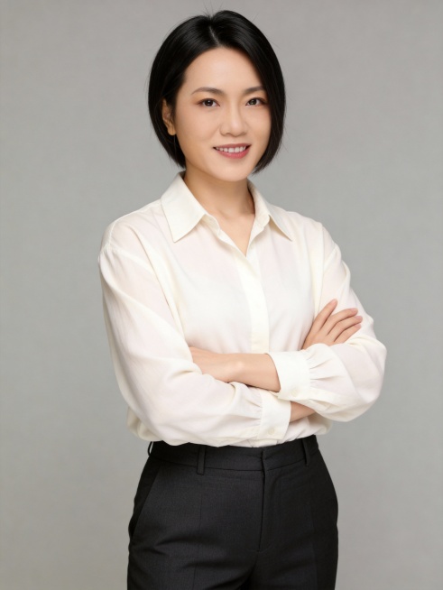 参考第一张图保留人物脸型､年龄等特征生成职场形象照,参考第二张图人物占位和比例,标准焦段50mm,F/4光圈(F/2.8-F/4区间),平视视角(镜头与人物视线齐平);人物占画面70%,人物居中(居中预览效果