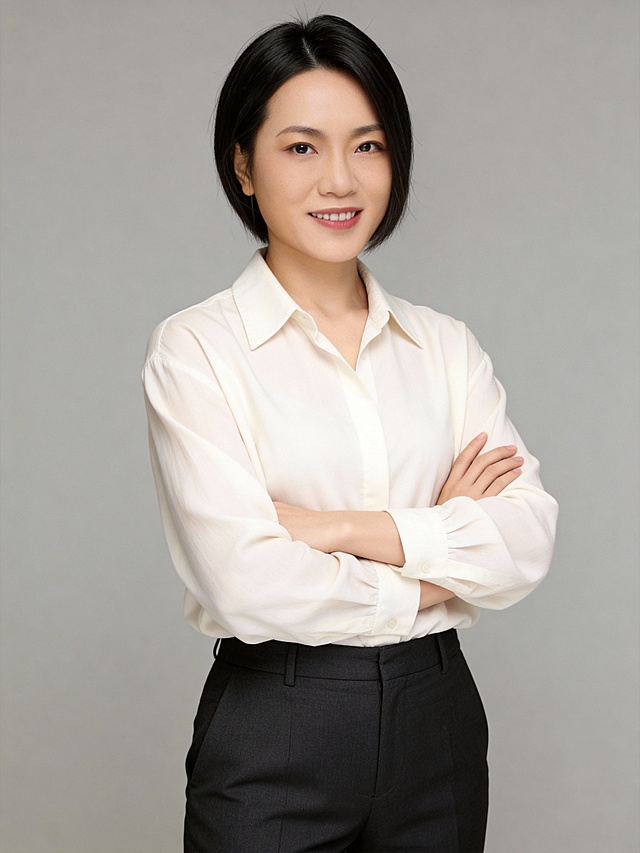 参考第一张图保留人物脸型､年龄等特征生成职场形象照,参考第二张图人物占位和比例,标准焦段50mm,F/4光圈(F/2.8-F/4区间),平视视角(镜头与人物视线齐平);人物占画面70%,人物居中(居中构图),位于画面中心,为视觉聚焦点,入境范围头部及以下至臀部下方10cm(半身像);左右留少量背景空间;头部与画面顶部保留5%空间;头部发型完整;肤质白皙细腻,头肩比例协调,美颜磨皮韩式精致自然的浓妆,均匀肤色提亮肤色,身穿宽松休闲米白色翻领衬衫,剪裁简约利落,下装搭配深黑灰色直筒西裤,干练通勤风格;双臂交叉于胸前,手臂舒展自然,姿态自信且从容;主体锐利,双侧打柔和光,美颜磨皮精致浓妆,通透水光肌,零粉感伪素颜底妆,肤质细腻无毛孔,白皙,肌表带自然润泽高光,杏粉色哑光眼影轻扫眼睑(仅提亮轮廓),极细内眼线(填充睫毛根部),自然深棕带细微高光点美瞳;唇妆:哑光橘红色口红,唇色饱满浓郁,唇面细腻粉质柔焦感,唇部水润,自然好气色无妆感边界;均匀肤色提亮肤色,发质柔顺光泽,眼神直视镜头,站立姿势,目光坚定且澄澈,表情自然.嘴角上扬,气质自信从容大气;均匀肤色,专业人像摄影写真,头部完整;光比1:1.5,4800K中性光,修饰脸型,肤质哑光细腻,面部雾面柔光,轻透裸肌感,真实毛孔纹理,32K画质,去除人物之外的所有元素,零噪点降噪,简约暖调中灰度纯色背景｡严格按照第一张图内容生成｡