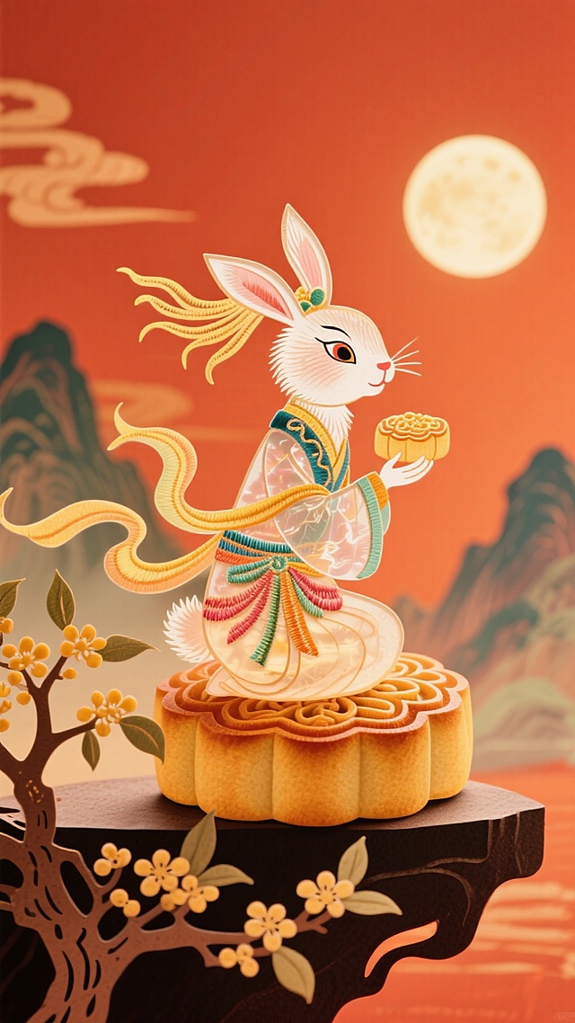 一只可爱的兔子坐在月饼上吃月饼，兔子身上缠绕着仙气飘飘的飘带，兔子前面是桂花树，远处是山和圆月，色调偏暖，背景是橘红色，整体是喜气洋洋的气氛，展现出迎接中秋节的喜悦气息吗，刺绣风格，构图新颖，大胆夸张，飘逸，前景有桂花树枝