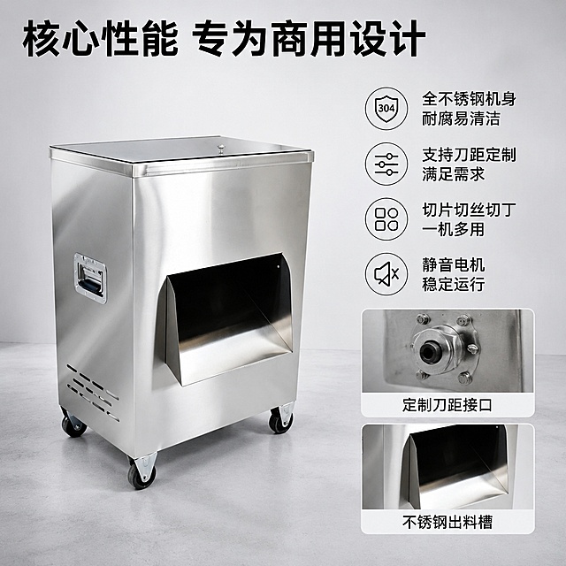 [主图-2] 工程款切肉机核心卖点展示；[氛围风格] 专业硬核五金器械技术风；[画质] 商业摄影质感、光线柔和通透、产品清晰真实、画面干净高级；[元素] 主体工程款切肉机占画面左侧60%，保持产品外观（物理结构、材质质感、颜色）与输入产品图绝对一致，杜绝任何变形和色差，精细化处理。右侧竖排参数卖点区，下方增加两个细节画中画框，分别展示刀组接口和不锈钢出料槽细节，每个画中画带短标题标注。商品整体占比合理，信息层级清晰；[光影] 明亮工业布光，金属反光清晰，暗部有层次，不发灰；[配色] 主色调金属银，背景浅灰，文字黑色，对比清晰；[视角构图] 主体平视，左大右小构图，画中画细节清晰；[文字版式] 顶部大标题“核心性能 专为商用设计”，加粗黑色；右侧竖排四个卖点：“全不锈钢机身 耐腐易清洁” “支持刀距定制 满足需求” “切片切丝切丁 一机多用” “静音电机 稳定运行”，每卖点一行，左对齐；下方两个画中画分别标注“定制刀距接口” “不锈钢出料槽”；所有文字清晰不遮挡主体；[比例分辨率] 1:1比例，2048px*2048px，文字清晰锐利，画面超高清；[负向提示词] 变形，文字错乱，产品图模糊，背景杂乱，水印，电商平台Logo，绝对化违禁词。