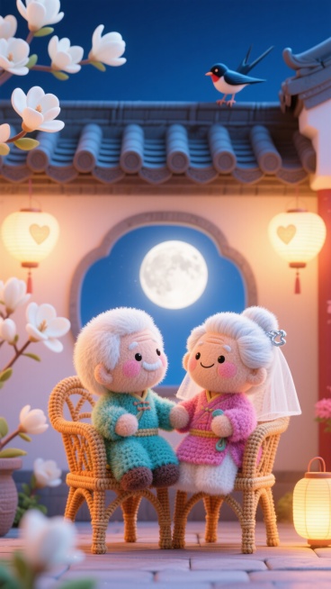 毛绒钩针玩偶情侣，一对古风老情侣依偎在庭院藤椅上共赏月光，白发覆着薄纱般银辉，檐角喜鹊静立守望，背景点缀白色玉兰花与发光爱心灯笼，光影细腻柔和，玩偶绒毛质感逼真预览效果