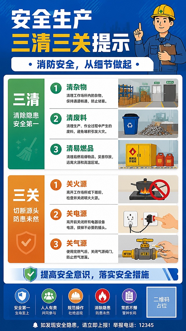 安全生产三清三关提示宣传海报，设计风格为扁平插画，清晰正式的通知公告风格。主标题是"安全生产三清三关提示"，副标题为"消防安全，从细节做起"。正文分两部分：三清：清杂物、清废料、清易燃品；三关：关火源、关电源、关气源。底部标注装饰文案"提高安全意识，落实安全措施"。画面分区清晰，使用编号列表，低装饰、高对比文字，留白规整，排版精美。画面中所有数字必须精确渲染，不得错位、遗漏或编造。画面中所有二维码区域使用纯色方块占位符呈现，方块中央标注"二维码占位"文字，严禁生成任何可识别的二维码图案。画面中所有信息区域、套餐卡片、价格表格、权益列表、对比模块、福利条目、课程大纲、议程、嘉宾介绍区等必须填充完整合理的内容，不得出现空白框、空白占位、横线待填写区域、空列表项、空单元格；用户未提供具体内容时，基于海报主题和场景合理补全典型内容，确保是完整可用的成品海报而非待填写模板。