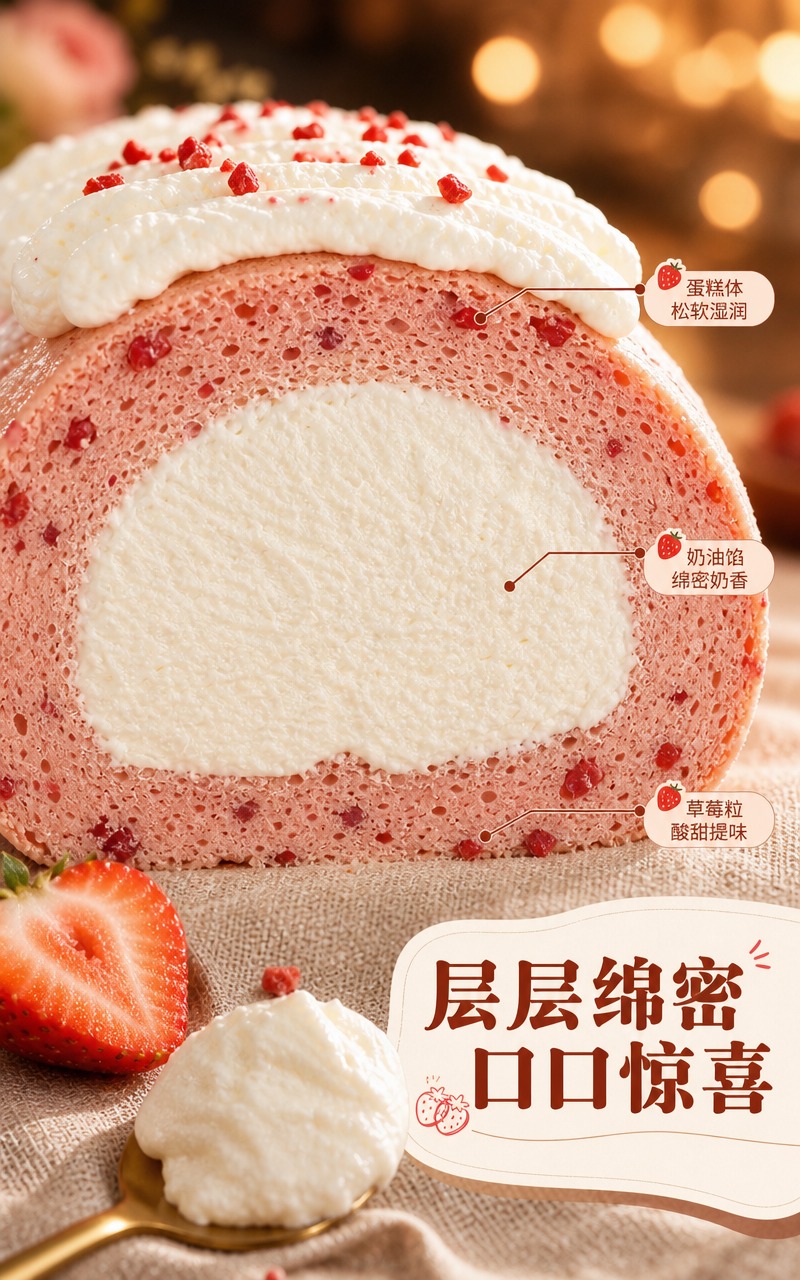 [商品] 使用【图1】草莓生乳蛋糕卷剖面特写；保留粉色蛋糕体气… - 图片创意预览