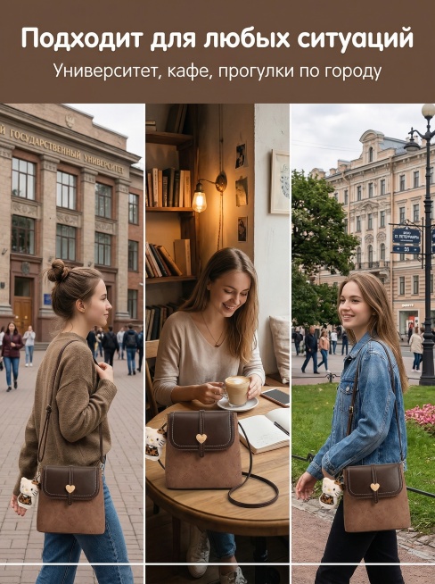 画面采用三格等比例拼贴排版，每格展示一个俄罗斯年轻女性日常场景：1.大学校园，学生斜挎包；2.文艺咖啡馆，包放在桌面；3.城市漫步，斜挎包出行，三个场景的深棕+浅棕撞色PU斜挎小方包均严格还原所有细节预览效果