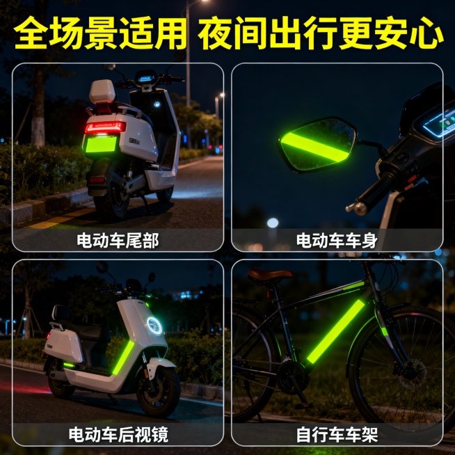 [主图 4] 多场景适用展示主图
[主图主题] 适用于多种车辆和位置
[氛围/风格] 实用展示，清晰直观，统一深色夜景风格
[画面元素] 四宫格拼图展示不同使用场景，分别是：电动车尾部、电动车车身、电预览效果