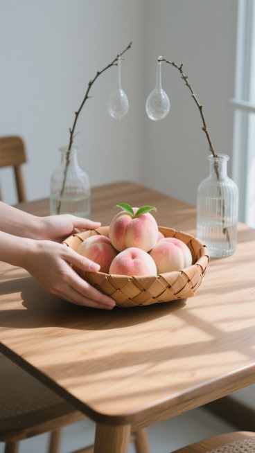 俯拍镜头，一只骨节分明的手捧着浅棕色编织篮置于简约的原木餐桌上，篮子里五个饱满的水蜜桃泛着粉白渐变的光泽，果皮上细密的绒毛清晰可见，顶端的翠绿果蒂带着晨露，背景是素白的墙面和两束斜向垂落的透明玻璃吊瓶里的桃枝，阳光透过洁净的玻璃窗在木质桌面上投下菱形光斑，篮子边缘与桌面形成精准的黄金分割构图，整体色调是蜜桃粉与原木棕的雅致碰撞，呈现出极简主义的静物摄影风格。预览效果