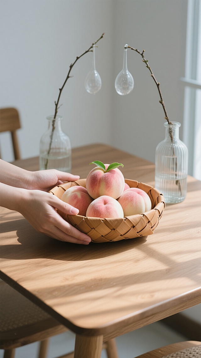 俯拍镜头，一只骨节分明的手捧着浅棕色编织篮置于简约的原木餐桌上，篮子里五个饱满的水蜜桃泛着粉白渐变的光泽，果皮上细密的绒毛清晰可见，顶端的翠绿果蒂带着晨露，背景是素白的墙面和两束斜向垂落的透明玻璃吊瓶里的桃枝，阳光透过洁净的玻璃窗在木质桌面上投下菱形光斑，篮子边缘与桌面形成精准的黄金分割构图，整体色调是蜜桃粉与原木棕的雅致碰撞，呈现出极简主义的静物摄影风格。