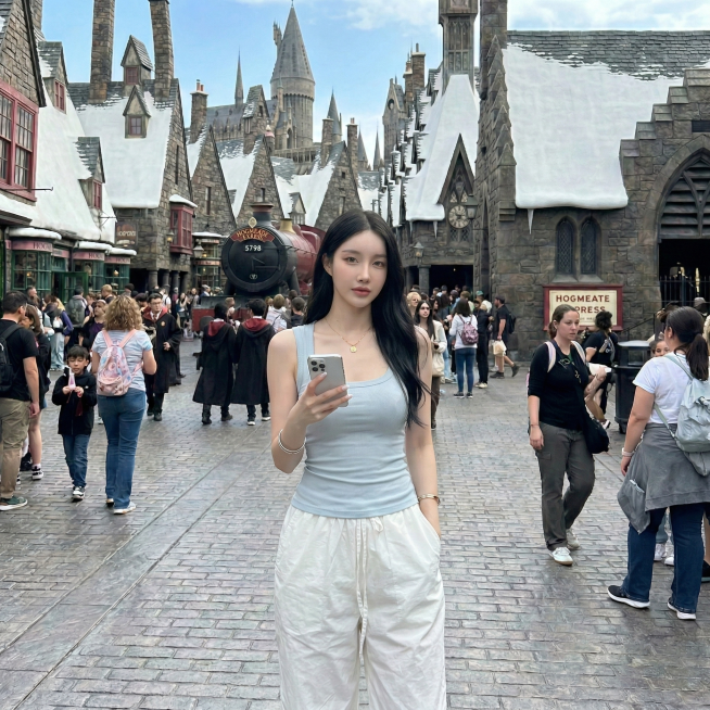 把图2的女子替换图1的女性，并保持图2的衣服不变，使用图1的背景预览效果