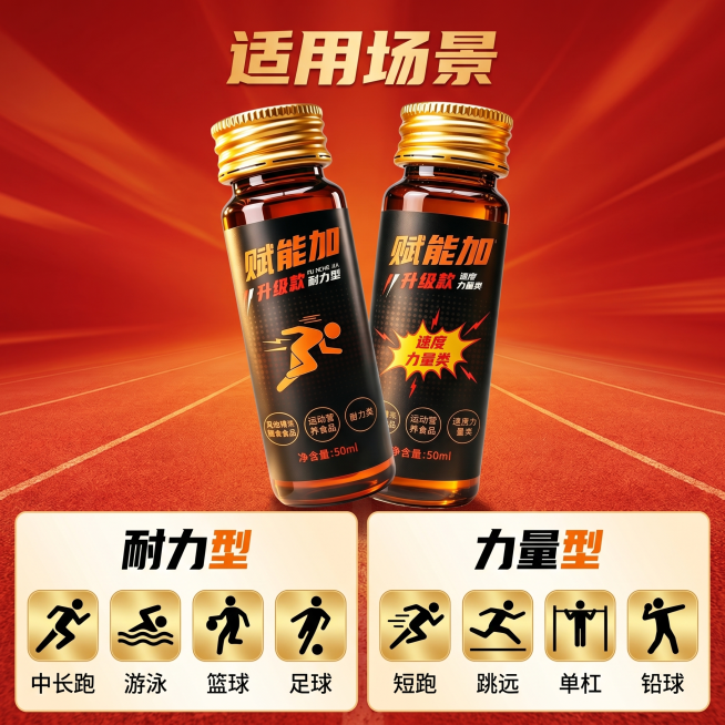 [主图 4] 赋能加运动饮料适用场景展示主图；[氛围风格] 活力运动场景风；[画质] 商业摄影质感，清晰通透真实高级；[元素] 赋能加饮料瓶放置画面中心偏上，下方分两个区域展示适用场景：耐力型区域对应预览效果