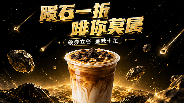 16:9横版饮品促销海报，画面主体是一杯瑞幸陨石拿铁，深黑色星空背景，金色陨石颗粒和星光点缀，神秘太空感，大字标题"陨石一折 啡你莫属"，字体金色带黑色描边立体效果，副标题"领券立省 星味十足"，排版居中，整体高端神秘风格，无任何logo，无优惠券条形码二维码，美团风格产品海报，高质量商业摄影感