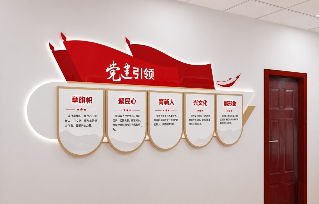 将图片中五个板块的标题修改，把原标题“创新引领 思想引领 文化引领 意识引领 组织引领”依次替换为“举旗帜 聚民心 育新人 兴文化 展形象”，保持原有设计风格、颜色、排版和布局不变，同时让图片整体更清预览效果