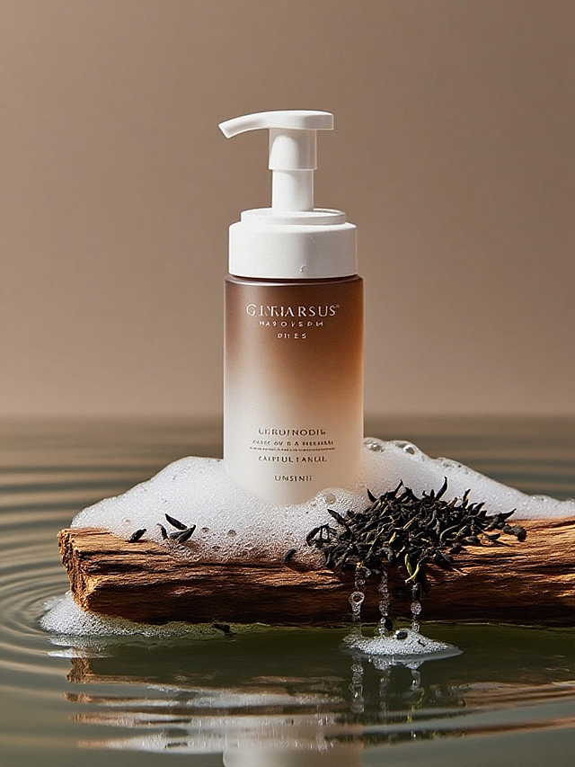 主体放置水面上的枯木上，周围有黑色茶叶、泡沫环绕，背景为棕色渐变，光线柔和