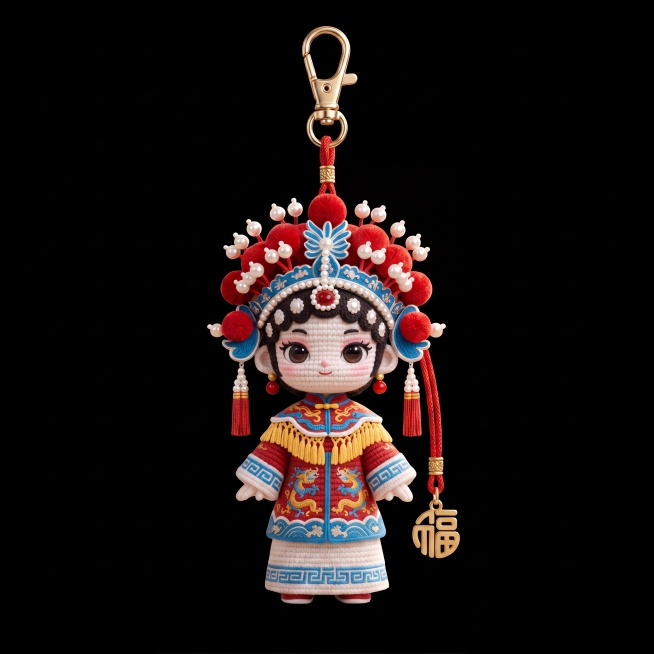 将这个IP形象做成文创挂件商品图，纯黑色背景，契合IP个性与国潮文创定位，高品质，4K分辨率，产品质感清晰，视觉干净高级，适合印刷，无阴影，充满高级感和设计感，每个IP形象作为单独商品展示预览效果