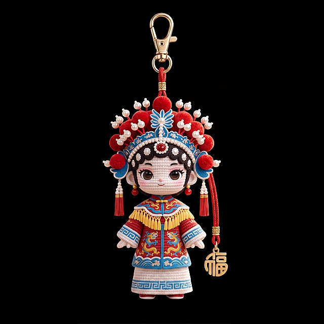 将这个IP形象做成文创挂件商品图，纯黑色背景，契合IP个性与国潮文创定位，高品质，4K分辨率，产品质感清晰，视觉干净高级，适合印刷，无阴影，充满高级感和设计感，每个IP形象作为单独商品展示