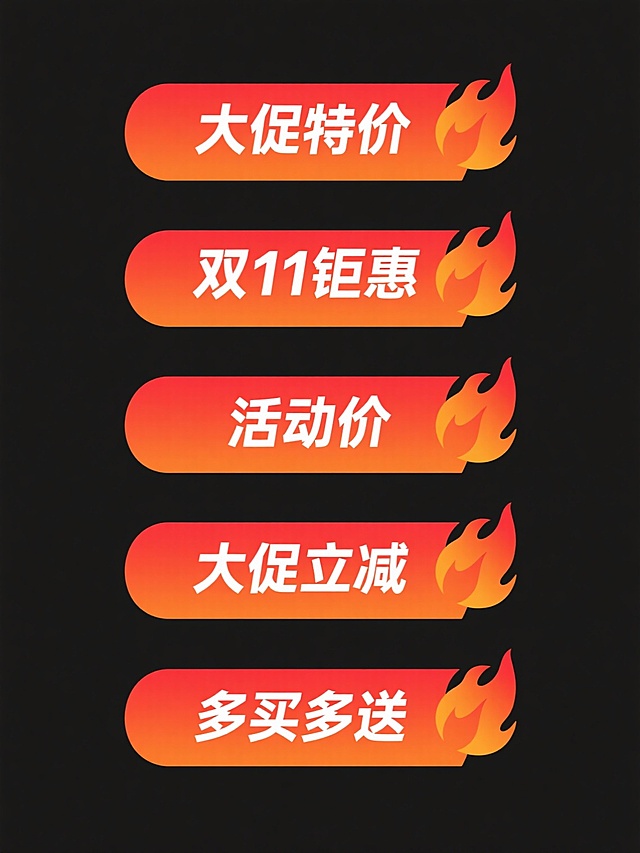 六个规整排布的促销标签素材，每个标签均为单一设计且排布整齐，标签采用从左到右渐变的橙红色纯色背景，右侧带有火焰形状的装饰元素，标签上分别包含“大促特价”“双11钜惠”“大促好价”“活动价”“大促立减”“多买多送”白色文字，文字居中排布，整体风格简洁醒目，具有强烈的促销氛围。