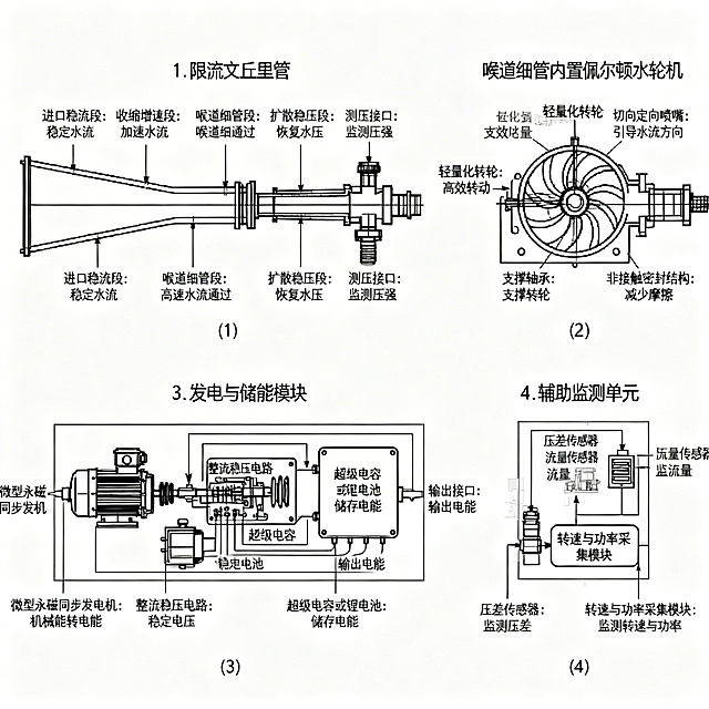 结合以下四个主要部分生成供暖循环水压强的余能发电装置示意图(1）限流文丘里管主体：整体由进口稳流段、收缩增速段、喉道细管段、扩散稳压段及测压接口组成，结构沿流体流向依次布置。进口稳流段用于消除管网来流扰动，保证水流均匀稳定进入；收缩增速段通过流道截面逐步收缩，将剩余压头转化为流体动能，实现水流加速；喉道细管段为最小截面区域，可形成稳定高速流场，为能量转换提供基础条件；扩散稳压段通过截面渐扩实现流体压力平稳恢复，减小管路阻力损失；测压接口用于实时采集压差信号，整套结构可同步实现限流、增速、压差稳定与压力恢复的核心功能。（2）细管内置佩尔顿水轮机：主要由轻量化转轮、切向定向喷嘴、支撑轴承及非接触密封结构构成，整体紧凑封装于文丘里喉道细管内部，不突出管道外壁，不占用额外安装空间。轻量化转轮可降低启动阻力，适应低压差工况；切向定向喷嘴实现高速流体精准切向冲击，提升能量转换效率；支撑轴承保证转轮旋转平稳、摩擦损耗低；非接触密封结构有效防止介质渗漏与部件磨损，整体可高效将流体动能转化为旋转机械能。（3）发电与储能模块：以微型永磁同步发电机为核心，配套整流稳压电路、超级电容或锂电池及输出接口组成。微型永磁同步发电机与水轮机同轴连接，将机械能直接转换为电能；整流稳压电路对输出电能进行整流、滤波与稳压处理，保证电压稳定可靠；超级电容或锂电池实现电能缓冲存储与平稳输出，避免波动；输出接口可直接为低压直流负载供电，实现供暖余能的就地利用与稳定供给。（4）辅助监测单元：由压差传感器、流量传感器、转速与功率采集模块组成，用于实现系统工况实时监测与安全保护。压差传感器实时采集文丘里管进出口压差，反映管网剩余压头状态；流量传感器监测管道实时流量，确保系统在设计工况内运行；转速与功率采集模块同步检测水轮机转速、发电机输出功率等关键参数，实现运行数据可视化，并为过载保护、异常停机、智能调节提供数据依据，保障系统长期稳定安全运行。