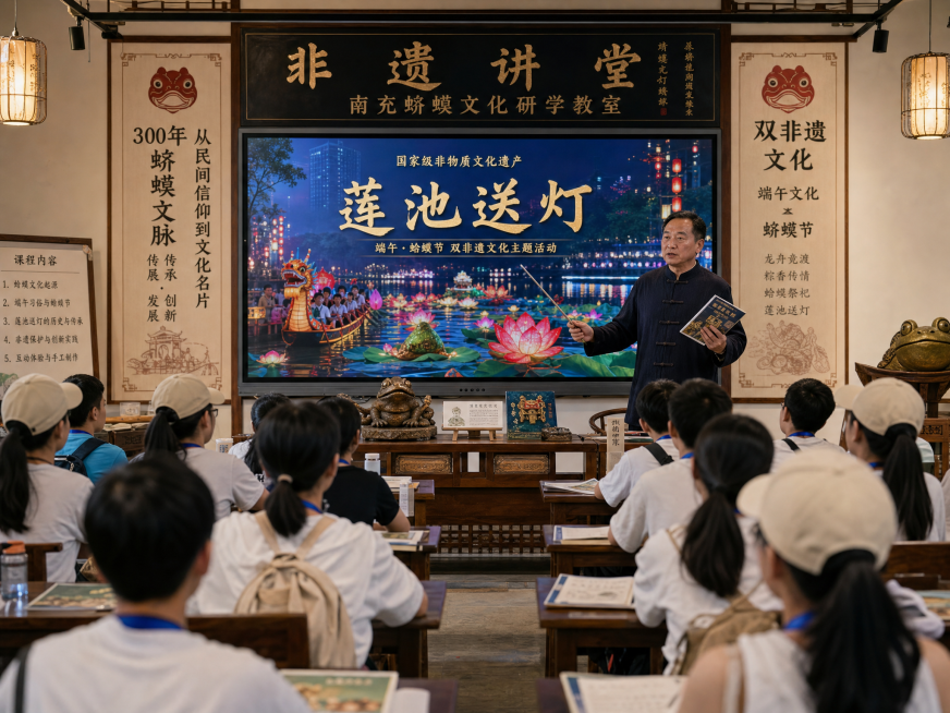 非遗讲堂，南充蛴蟆文化研学教室场景，非遗传承人正在讲解三百年蛴蟆文脉，台下坐着研学学生，屏幕播放莲池送灯视频，主题为端午和蛴蟆节双非遗文化预览效果