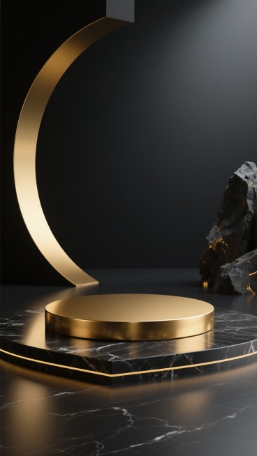 3D渲染风格，黑金高级感展台设计，画面中央为圆形金色展台，表面光滑有金属光泽，置于深色大理石纹理平台上，平台边缘有金色线条装饰，左侧是弧形黑色与金色渐变的曲面结构，右侧有深色岩石状装饰，整体采用深黑色背景，局部有金色光效点缀，营造神秘而奢华的氛围，大面积留白增强空间感，光影对比强烈，材质表现细腻，具有清晰的视觉层级和现代设计感。预览效果