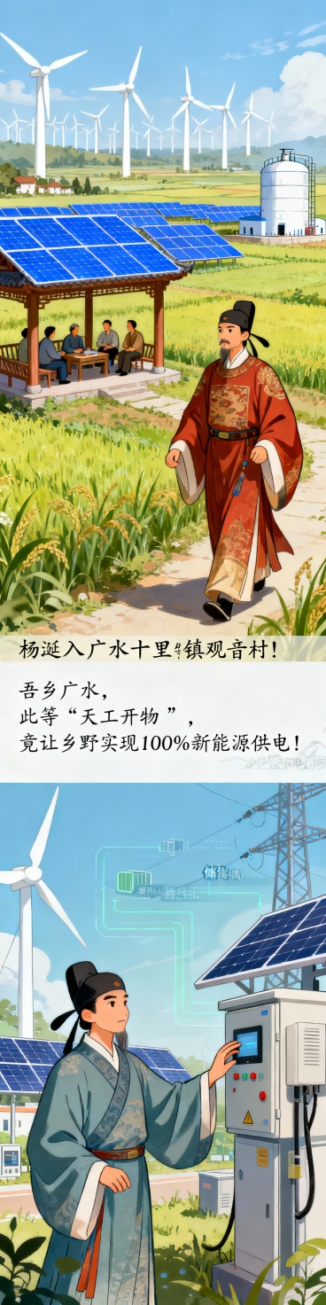 第二卷：杨涟归乡，惊见广水能源新貌

【古风场景：杨涟身着明代官服，踏入广水乡野，眼前不再是旧时阡陌，而是十里镇观音村的新能源画卷】

🪭 风机名城的能源蝶变

“吾乡广水，向以风机闻名，今竟成能源预览效果