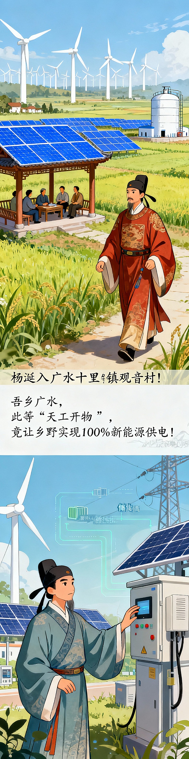 第二卷：杨涟归乡，惊见广水能源新貌

【古风场景：杨涟身着明代官服，踏入广水乡野，眼前不再是旧时阡陌，而是十里镇观音村的新能源画卷】

🪭 风机名城的能源蝶变

“吾乡广水，向以风机闻名，今竟成能源革新热土！”

杨涟驻足观音村村口，昔日熟悉的农田山野间，如今悄然“生长”出一片片蓝色光伏板，它们整齐列阵，在阳光下静默地收集光能；光伏凉亭下，村民正闲坐聊天，亭顶的光伏板同时为亭内灯光和手机充电接口供电；远处，巨大的白色风车矩阵缓缓转动，叶片划破长空；村头，现代化的沼气发电站悄然运行，将秸秆、畜禽粪便化为清洁的电能与燃气。一幅“风、光、生”多能互补的乡村新景，令他恍如隔世，又倍感欣喜。

⚡ 打卡世界级电力科技工程

行至科技示范工程现场，杨涟轻抚智能电网设备，惊叹不已：“此等‘天工开物’，竟让乡野实现100%新能源供电！”

世界首个百分百新能源新型电力系统科技示范工程落地广水，光伏、风电、储能协同发力，昔日农耕之乡，如今成了能源革命的“试验田”，杨涟提笔感慨：“清廉为官，原是为百姓谋福，今广水以科技兴乡，百姓安居乐业，此乃大治之象！”

【由我发图给你，有好几张】

绿电筑梦：随州供电“十四五”发展答卷

从炎帝神农感受到的民生温暖，到杨涟眼中的能源革新，背后是国网随州供电公司“十四五”期间的深耕与奋进。五年来，公司锚定“碳达峰、碳中和”目标，以电网升级为根基，以能源转型为抓手，交出了亮眼答卷：

“十四五”期间，随州清洁能源年发电量从37.15亿千瓦时跃升至57.48亿千瓦时，全社会新能源出力最高达262万千瓦，新能源出力能力、发电能力稳步增长。

国网随州供电公司创新成果《逐“绿”而行 向“新”而变——世界首个县域级新型电力系统示范区落地实践》荣获2025“金钥匙·国家电网主题赛”年度冠军奖。

截至2025年12月31日，新能源发电量累计达436.16亿千瓦时，相当于节约标准煤约1744.64万吨，减排二氧化碳约4348.51万吨，为随州乃至湖北的节能减排作出了突出贡献。

站在新起点，国网随州供电公司将继续秉承“人民电业为人民”的宗旨，以更坚实的电网、更优质的服务、更创新的技术，推动随州能源转型迈向新高度，让绿电之光照亮神农故里的每一寸土地。

🎬动画彩蛋： 炎帝神农捧着绿电烹饪的香菇礼盒，杨涟手持光伏板纹样的折扇，二人同祝：“绿电迎春，岁岁平安！”