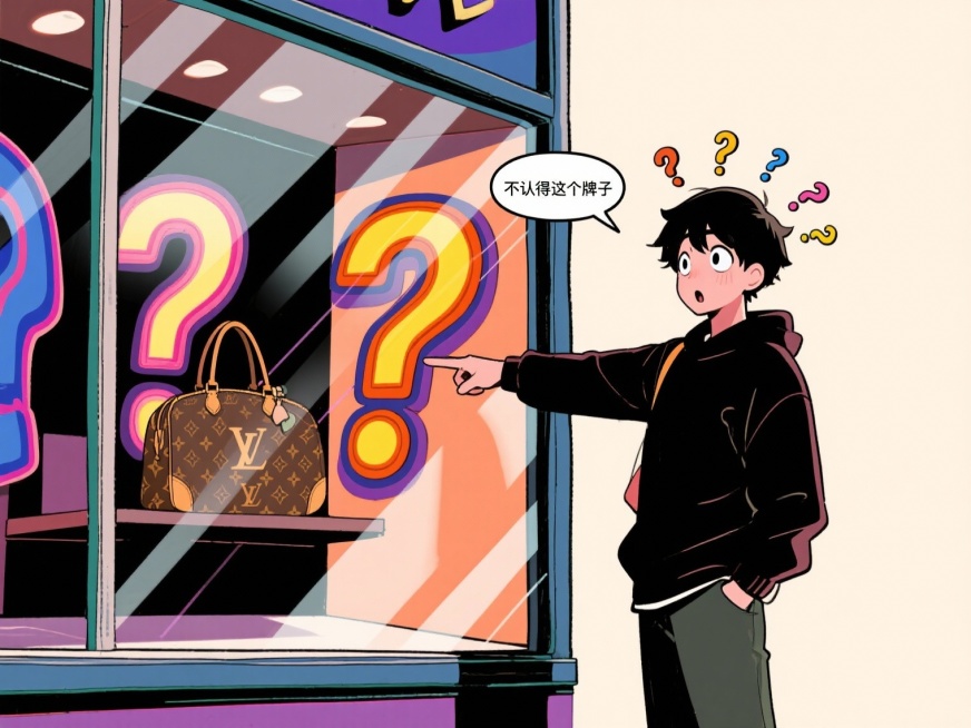 生成搞笑漫画风格图片，人物手持LV品牌商品站在专卖店橱窗前，面露困惑，头顶问号，“不认得这个牌子”气泡，尺寸760x570像素。预览效果