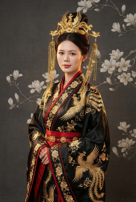 图中人物五官不变，年轻东亚女性全身古风人像，扮演中国古代皇后。梳着高盘发，佩戴华丽的金色凤凰头冠，头冠带有金色流苏步摇，流苏垂至肩头。身着黑色传统汉服，衣身有精致的金色凤凰与花卉刺绣，领口与袖口有红色预览效果