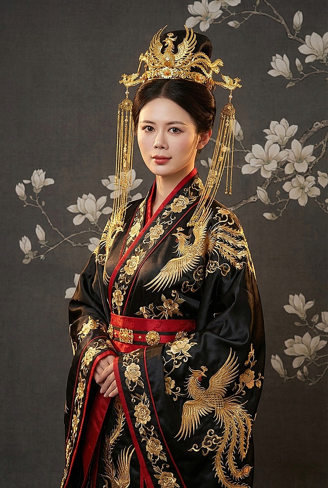 图中人物五官不变，年轻东亚女性全身古风人像，扮演中国古代皇后。梳着高盘发，佩戴华丽的金色凤凰头冠，头冠带有金色流苏步摇，流苏垂至肩头。身着黑色传统汉服，衣身有精致的金色凤凰与花卉刺绣，领口与袖口有红色镶边，腰部系有红色宽腰带，腰带上有金色装饰。背景是深灰色的工笔画质感背景，上面有白色的花卉与枝叶纹样，整体为传统工笔仕女画风格。采用柔和的暖调侧光，凸显出丝绸面料的光泽、刺绣的精致细节与头冠的华丽。整体风格超写实，细节丰富，呈现出奢华、威严且永恒的中国宫廷美学风格