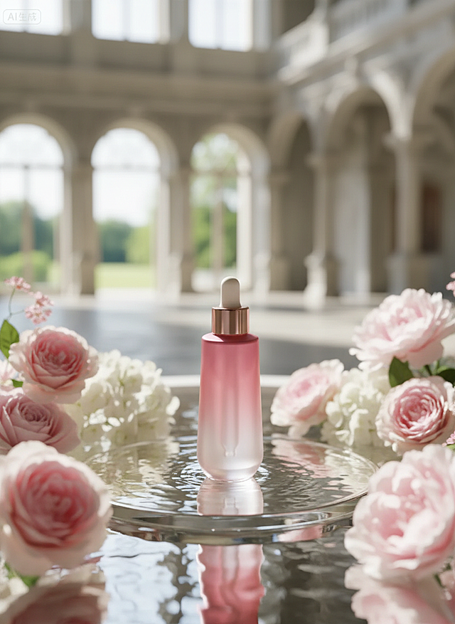 画面中心是主体，置于水面上的展台上，周围环绕着花朵，背景城堡